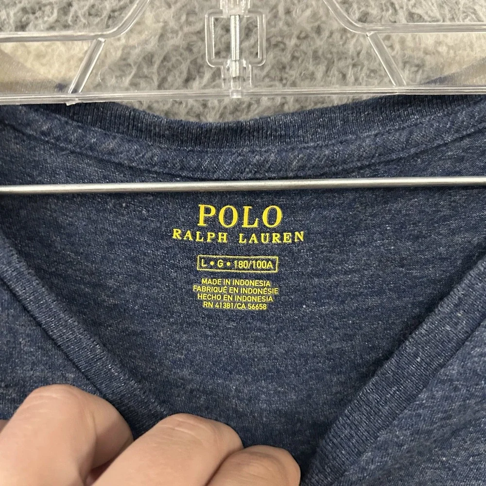 Polo Ralph Lauren Shirt Mens Large Blue V Neck Cotton Tagless Logo Short Sleeve